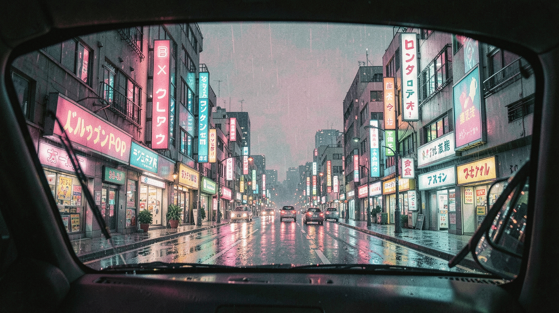 A retro 1980s Tokyo cityscape at night with neon signs reflecting on wet streets