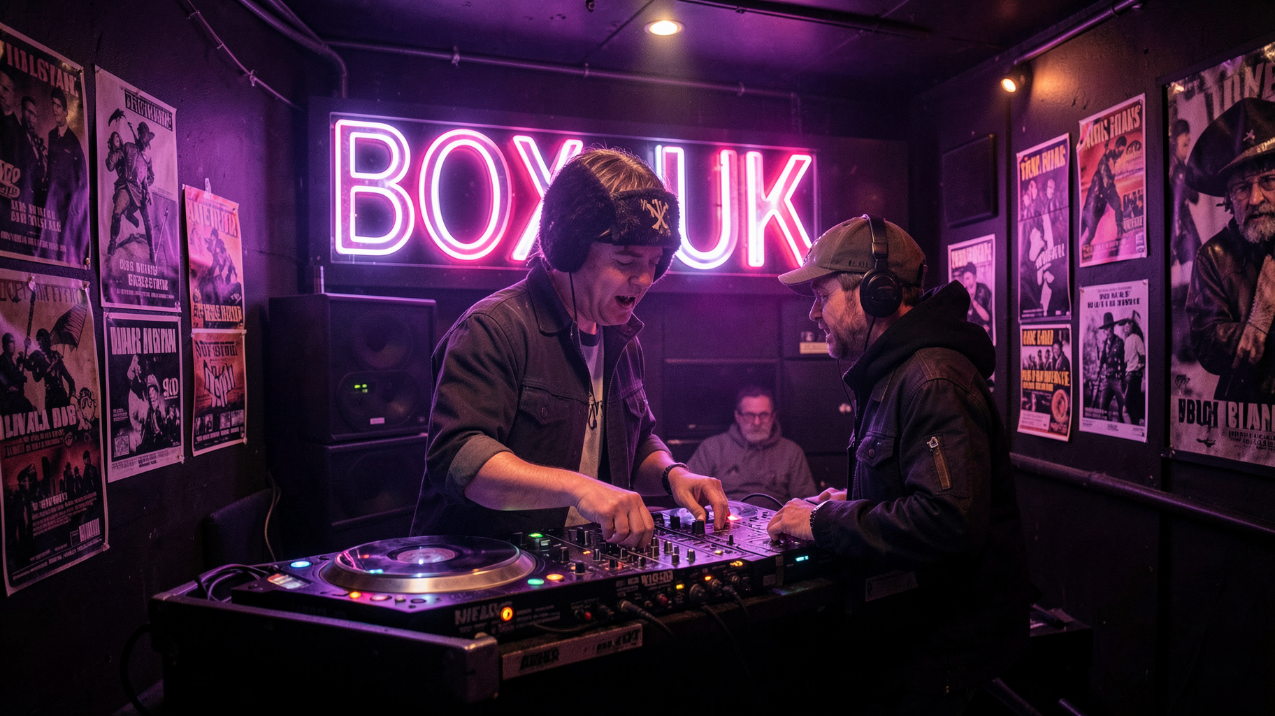 A DJ mixing at night in a neon-lit studio with a Box UK sign glowing behind the booth