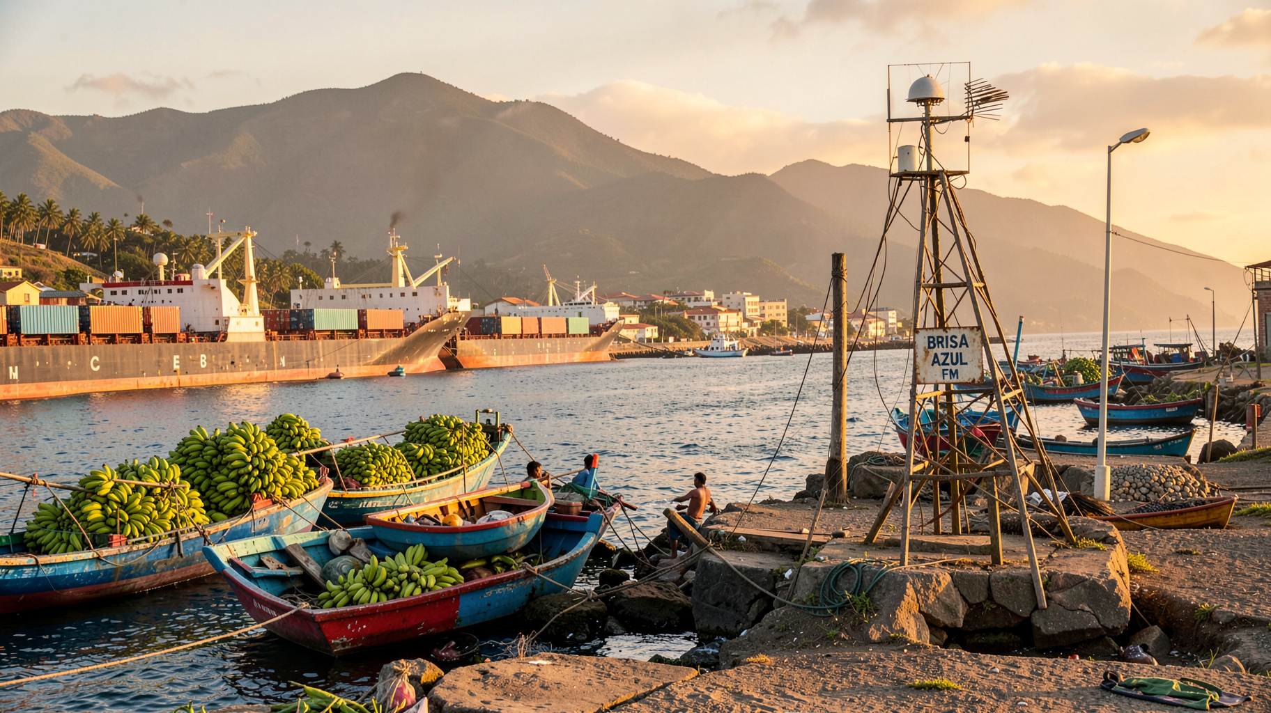 The tropical port of Puerto Bolivar near Machala, Ecuador with cargo ships loading bananas and a coastal radio tower reading BRISA AZUL FM