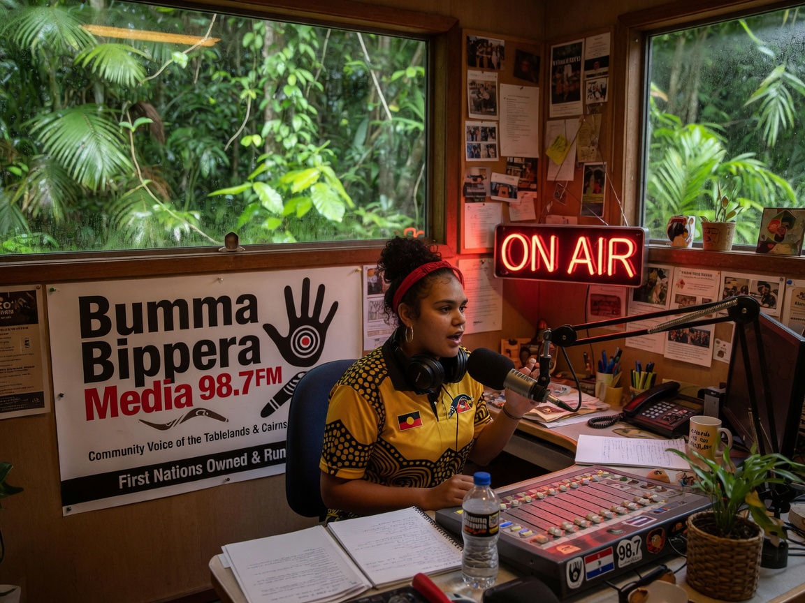 A community radio studio in Cairns with a young presenter on air, rainforest visible outside