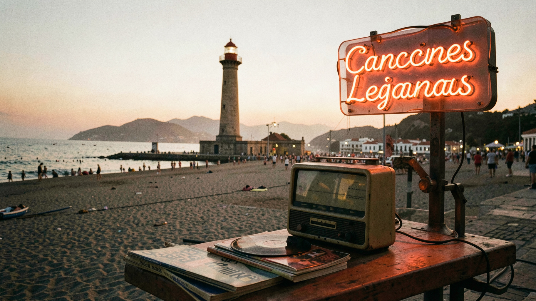 La Serena seafront at golden hour with a vintage radio, vinyl records and a neon sign reading Canciones Lejanas
