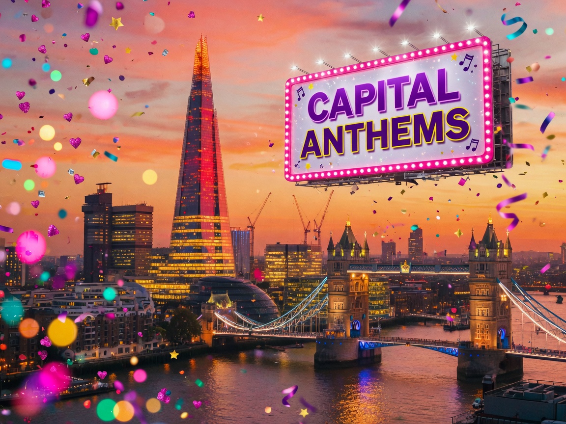 A vibrant London skyline at golden hour with a billboard reading Capital Anthems
