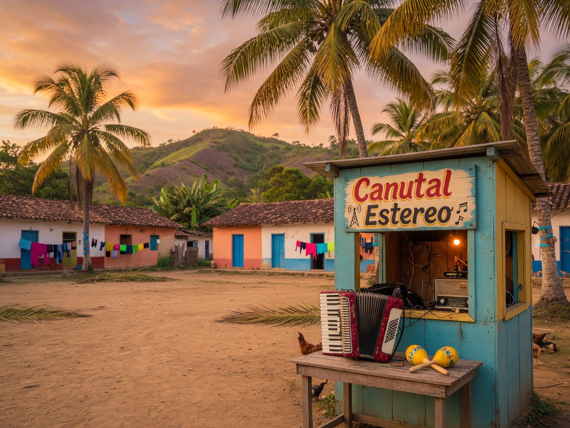 Golden-hour scene of a village radio booth in rural Sucre, Colombia