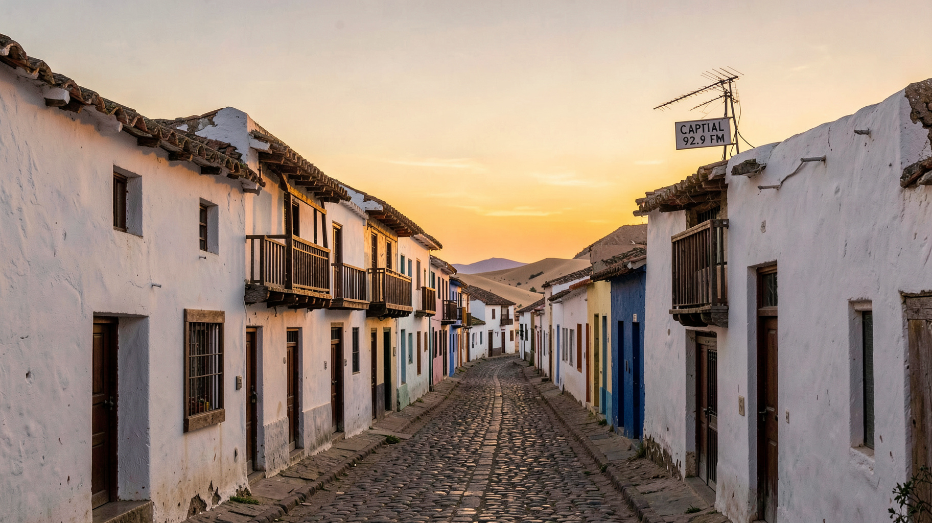 Colonial whitewashed buildings of Coro, Venezuela at golden sunset with sand dunes in the distance and a rooftop sign reading Capital 92.9 FM