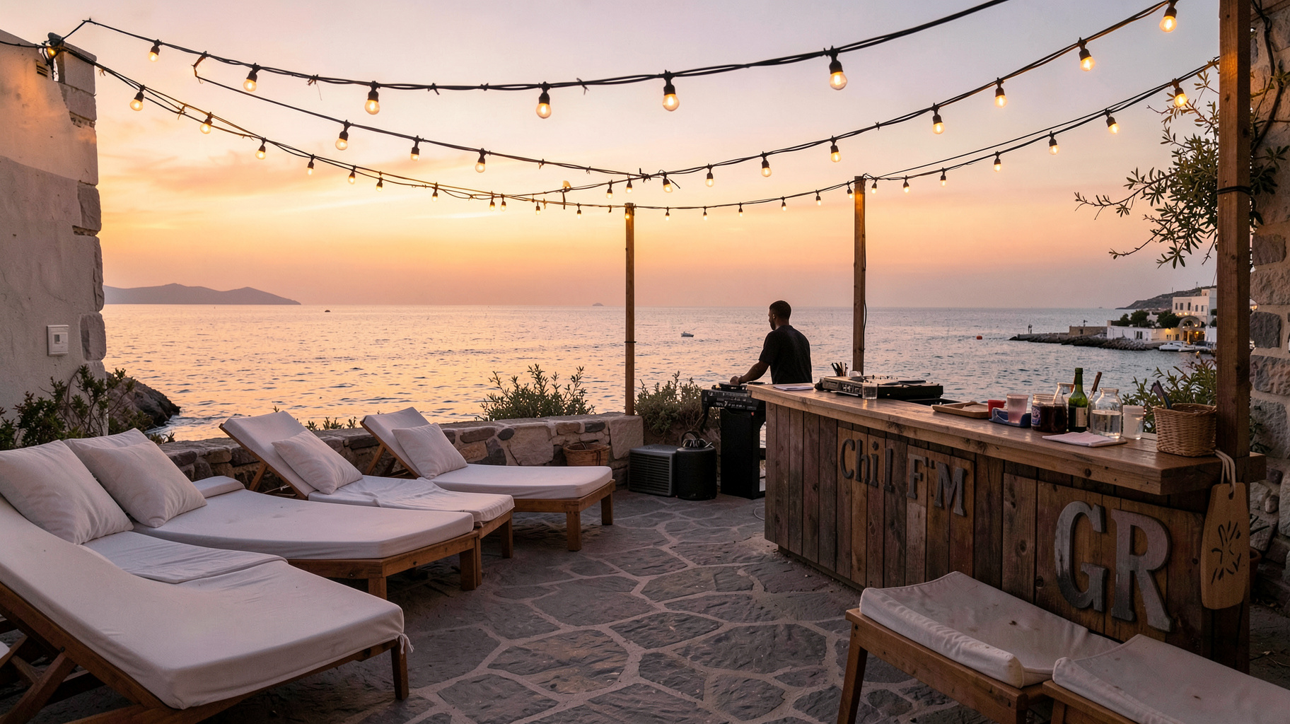 A laid-back beach bar terrace on a Greek island at sunset with a wooden sign reading Chill FM GR