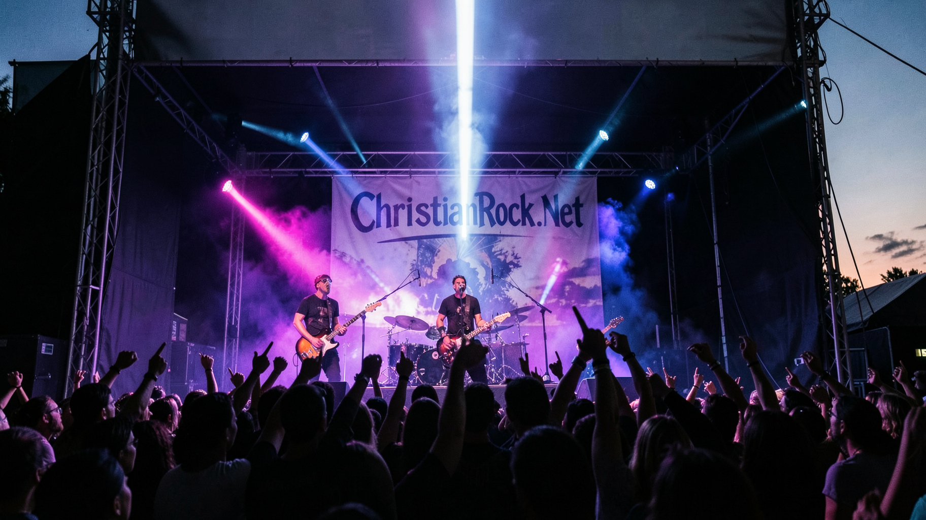 A Christian rock band performing under purple stage lighting with a ChristianRock.Net banner