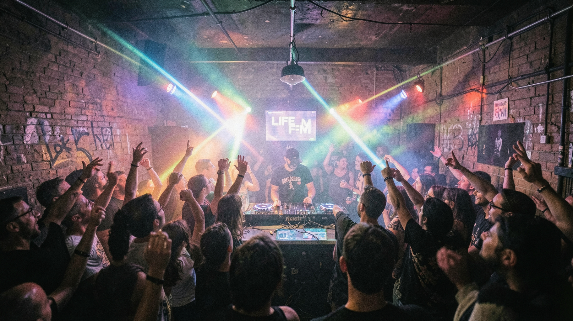 A gritty underground London warehouse rave with strobe lights and a DJ booth screen reading Life FM