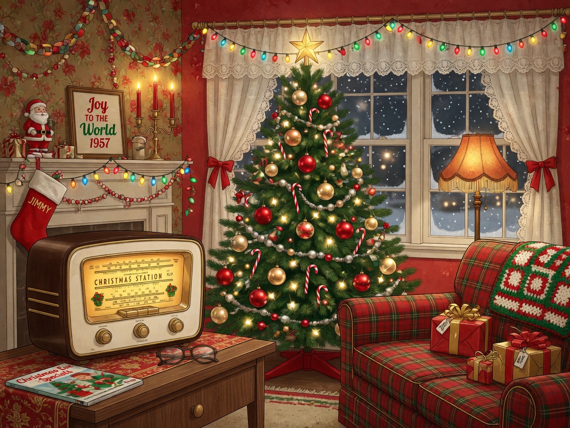 A cozy vintage American living room decorated for Christmas with a radio reading Christmas Station, inspired by The Christmas Station