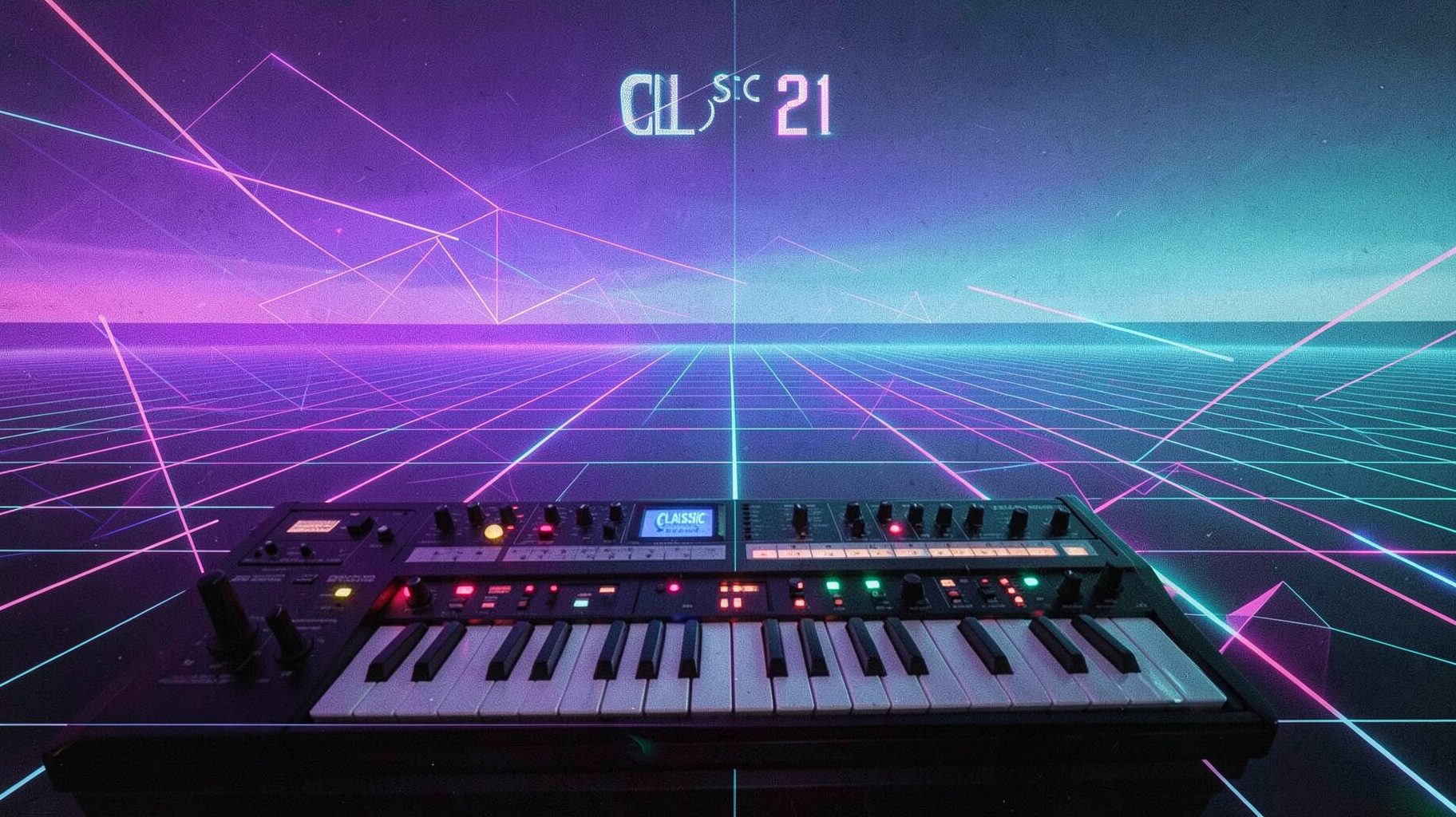 An abstract 1980s synth-wave scene with neon grids and a vintage analog synthesizer