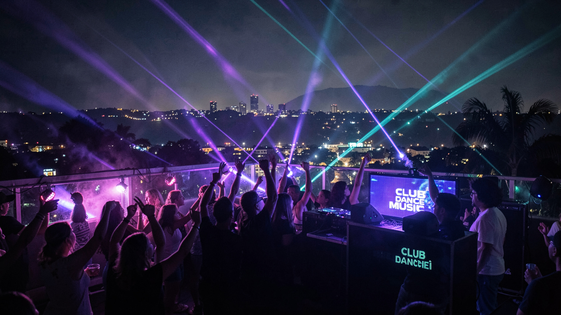 A rooftop nightclub scene in Escazú, Costa Rica with a DJ booth screen reading Club Dance Music