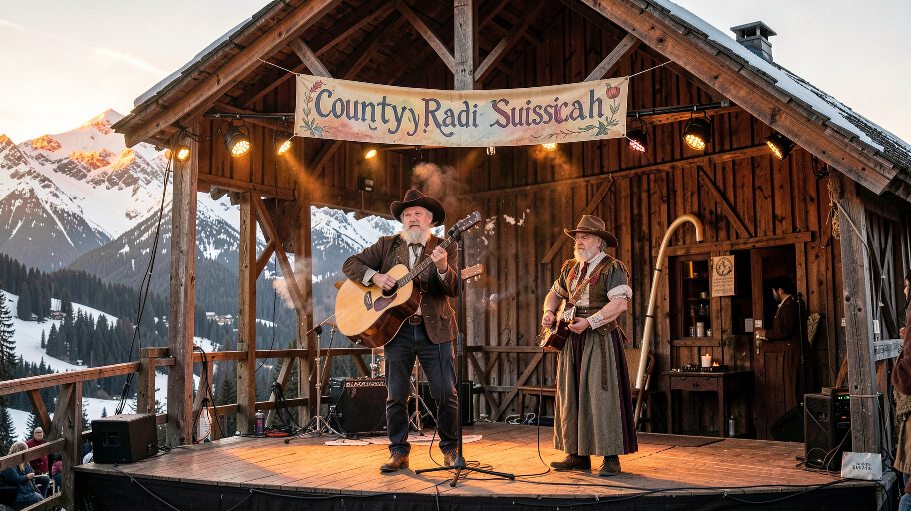 A rustic barn stage against snow-capped Swiss Alps with a country singer and alphorn player beneath a banner reading Country Radio Switzerland
