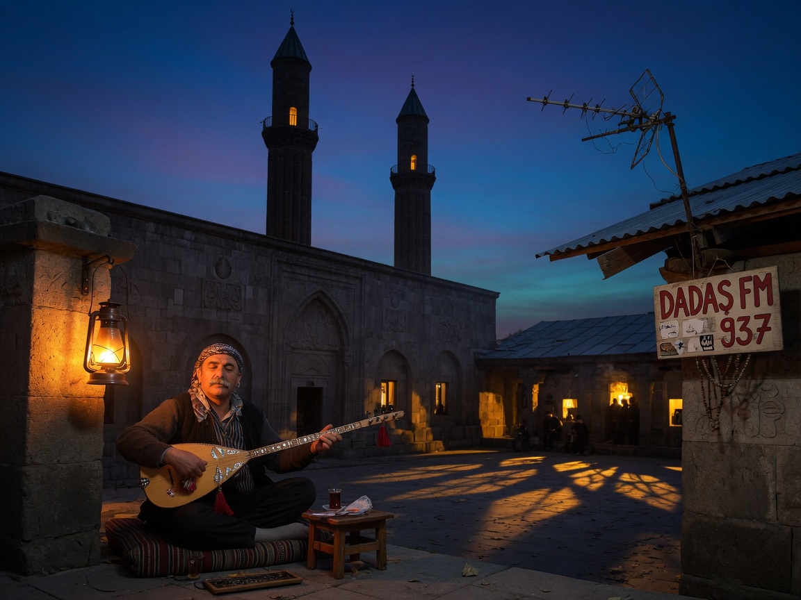 Traditional Anatolian minstrel playing saz near Erzurum's twin minarets at dusk, inspired by Dadaş FM