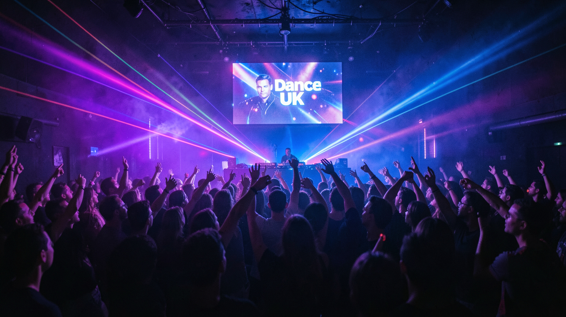A packed dancefloor at night with hands raised and a Dance UK sign glowing above the DJ booth