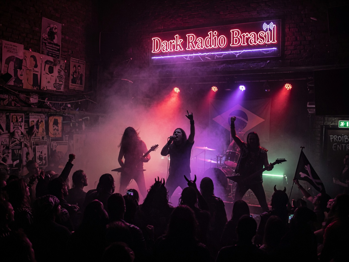 A dark underground club in Brazil filled with fog and red and purple stage lighting, silhouettes of a metal band performing beneath a neon sign reading Dark Radio Brasil