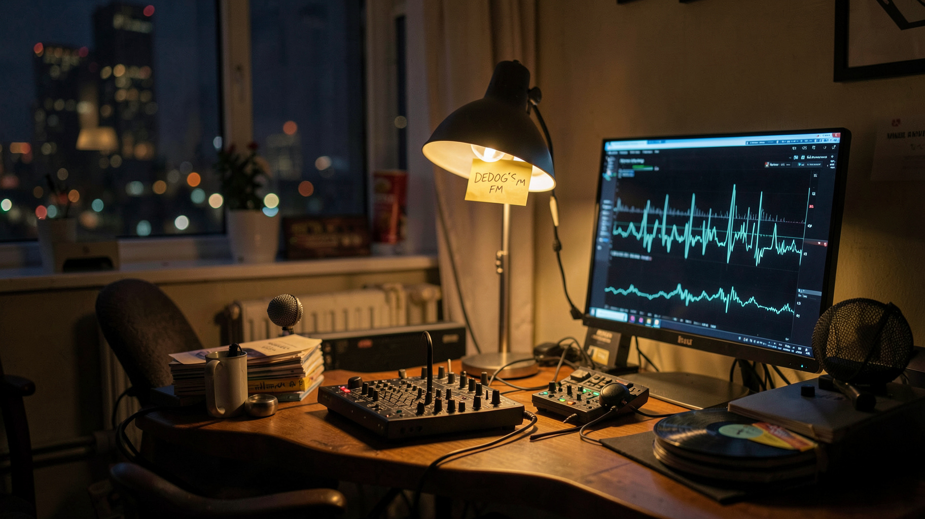 A cozy home radio broadcasting setup at night with a sticky note reading Dedog's FM