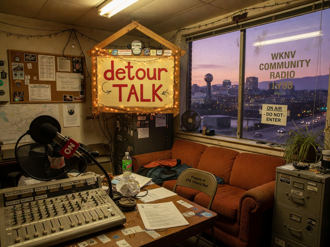 A scrappy volunteer-run community radio studio with a handmade sign reading detour TALK