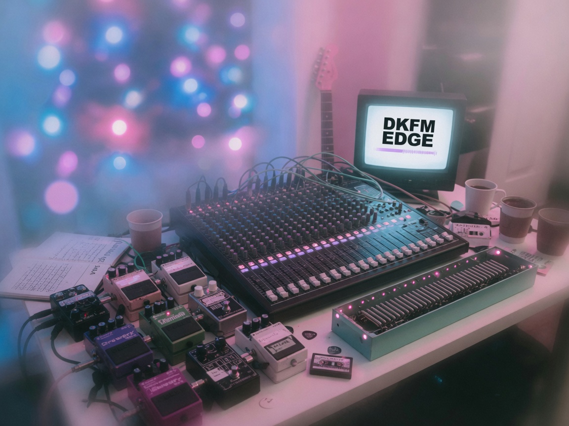 A dreamy home studio mixing desk with reverb-blue light and a monitor reading DKFM Edge