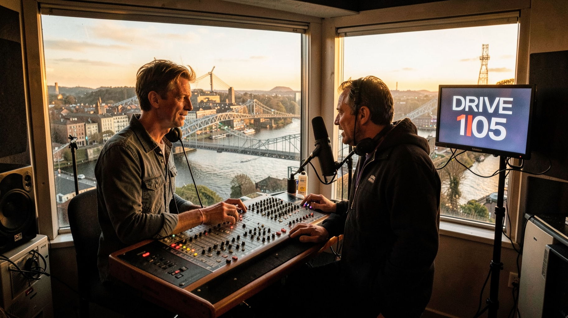 Community radio studio overlooking the River Foyle and Peace Bridge in Derry