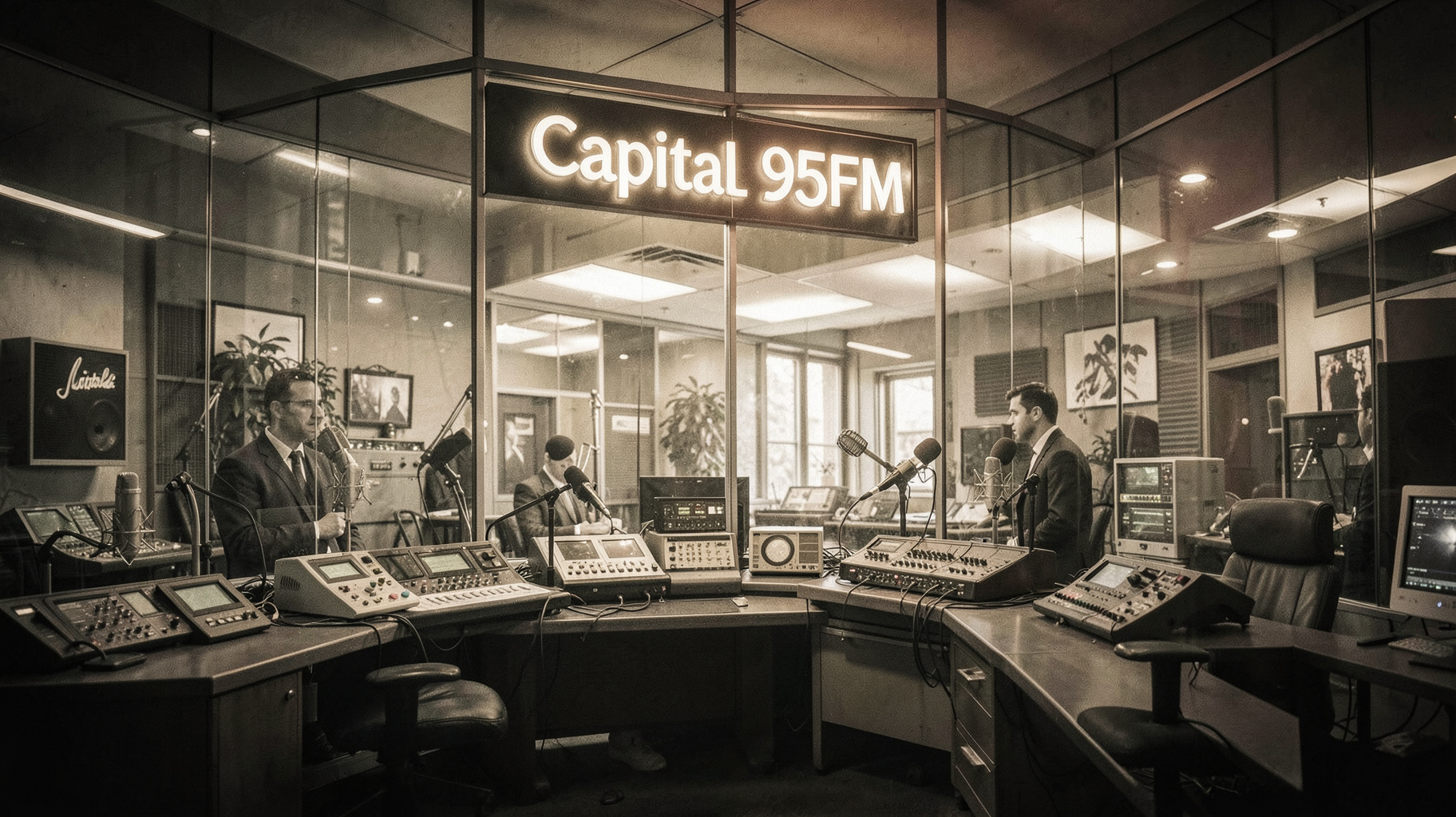 A 1950s Singapore radio studio transforming into a modern broadcast studio with a sign reading Capital 958FM