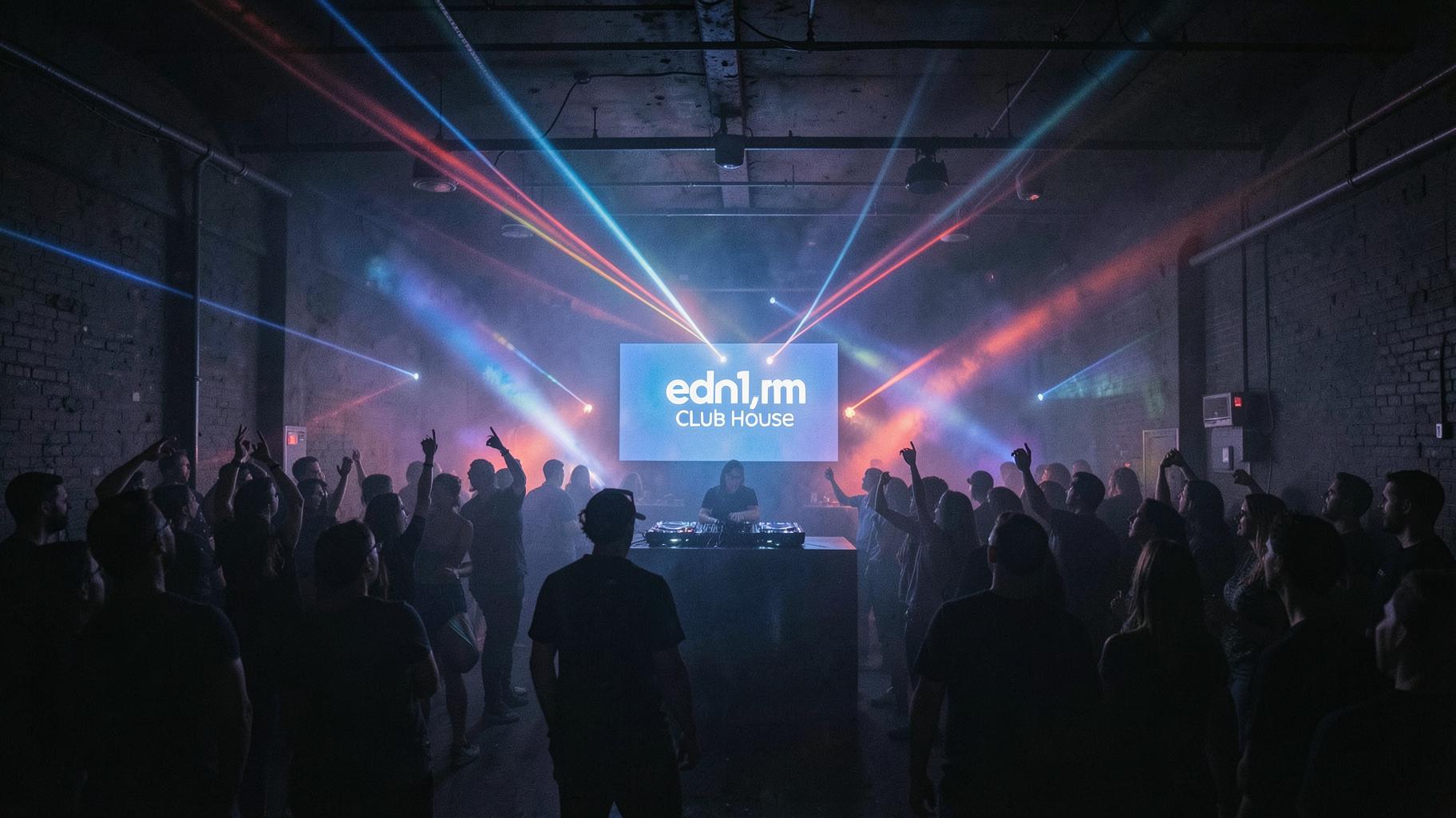 A dark underground warehouse nightclub with dancing silhouettes under laser lights and a DJ booth reading edm1.fm Club House