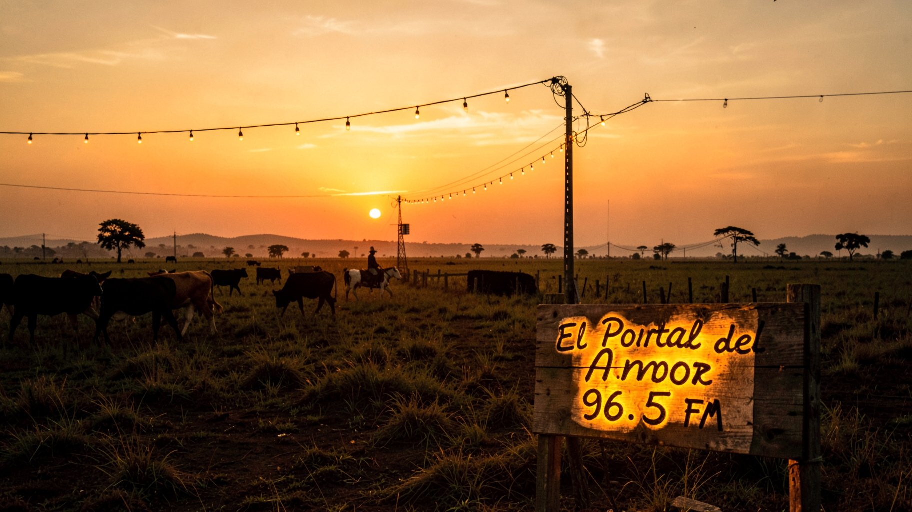 A golden sunset over the Venezuelan llanos near Barinas with a glowing roadside sign reading El Portal del Amor 96.5 FM