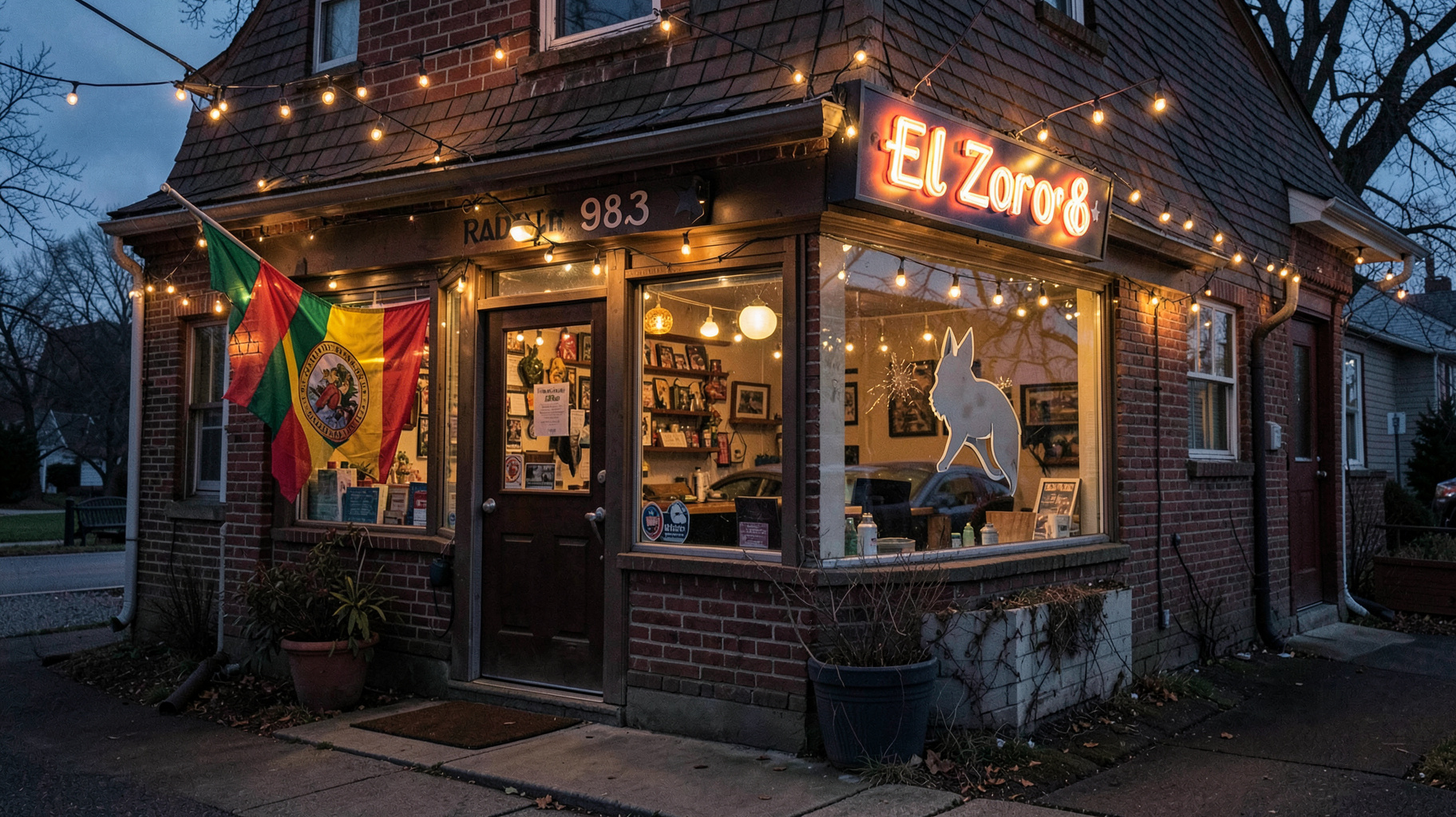 A small-town radio station storefront in upstate New York with a marquee sign reading El Zorro 98.3 and a fox logo