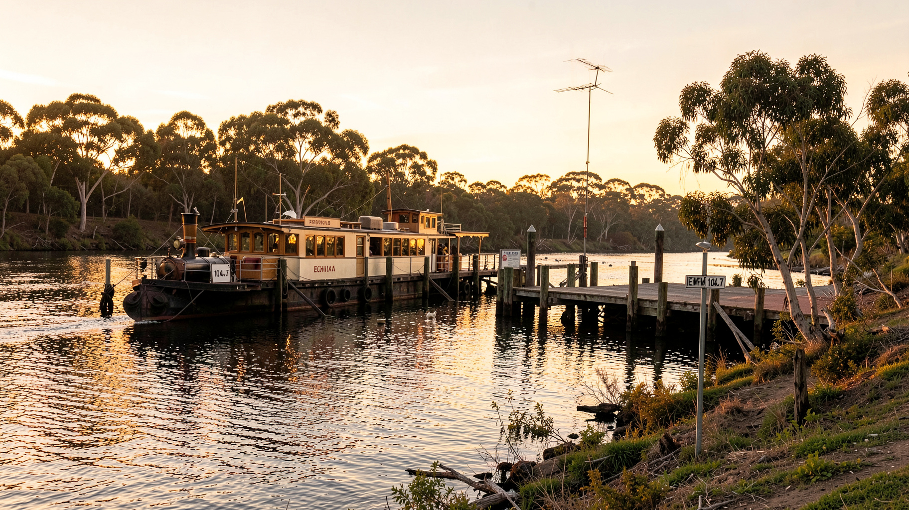 A historic paddle steamer docked at the Port of Echuca wharf on the Murray River at sunset with a community radio antenna on the bank