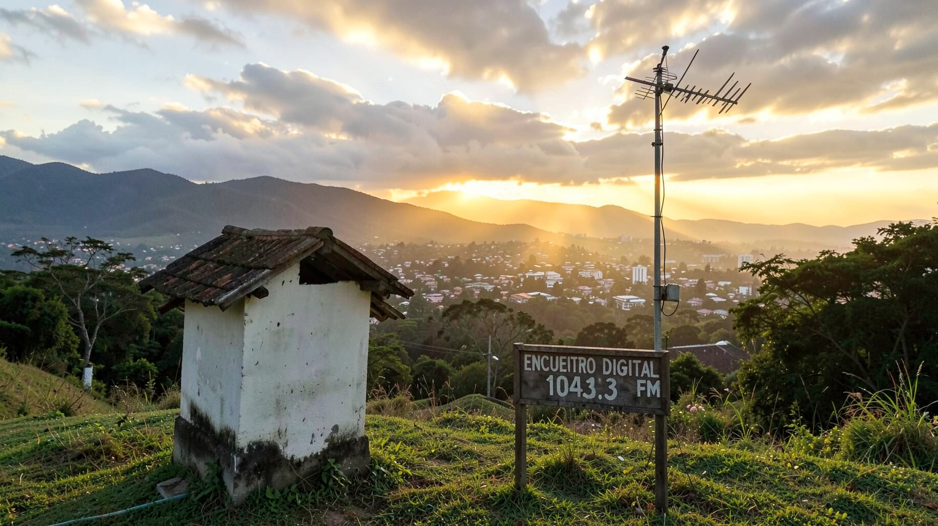 A small chapel radio antenna at dawn over the hills of Catacamas, Honduras, with a wooden sign reading Encuentro Digital 104.3 FM
