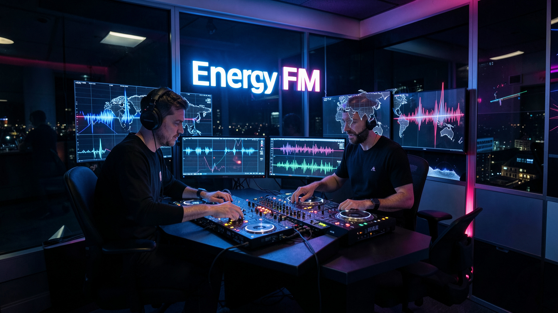 A modern radio broadcast studio with a DJ mixing under a backlit sign reading Energy FM