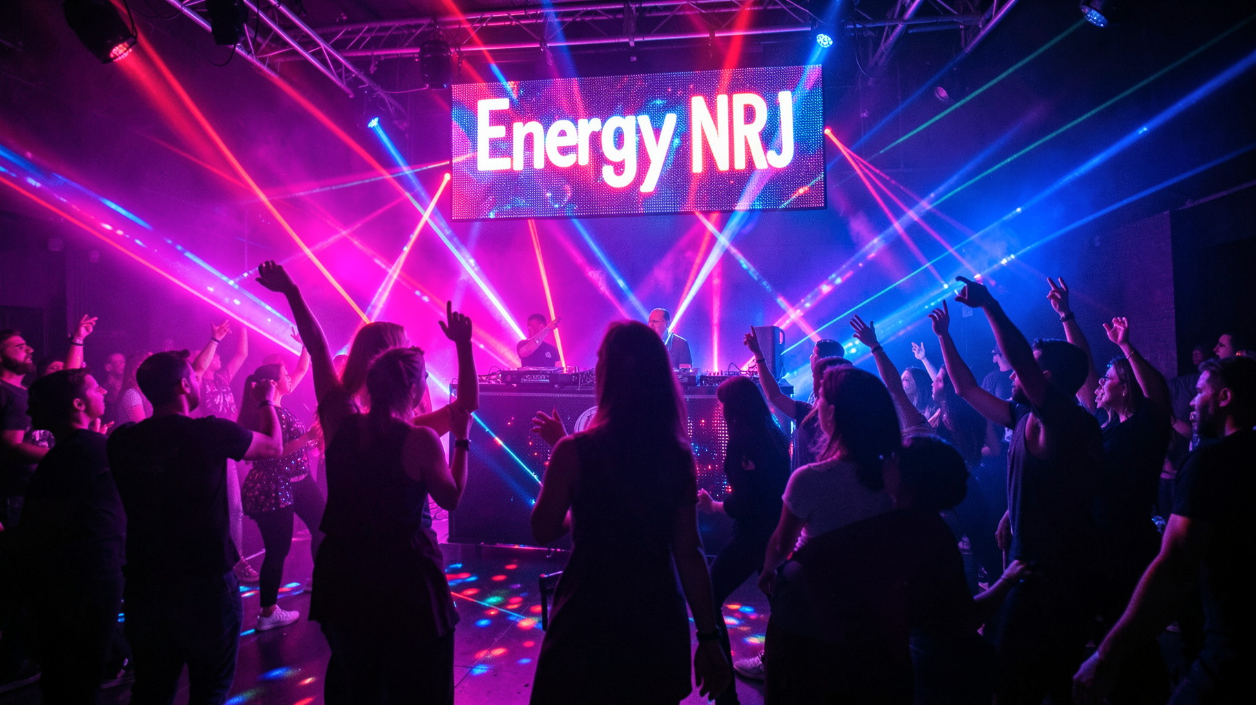 A lively Sofia nightclub dance floor with a glowing sign reading Energy NRJ above the DJ booth