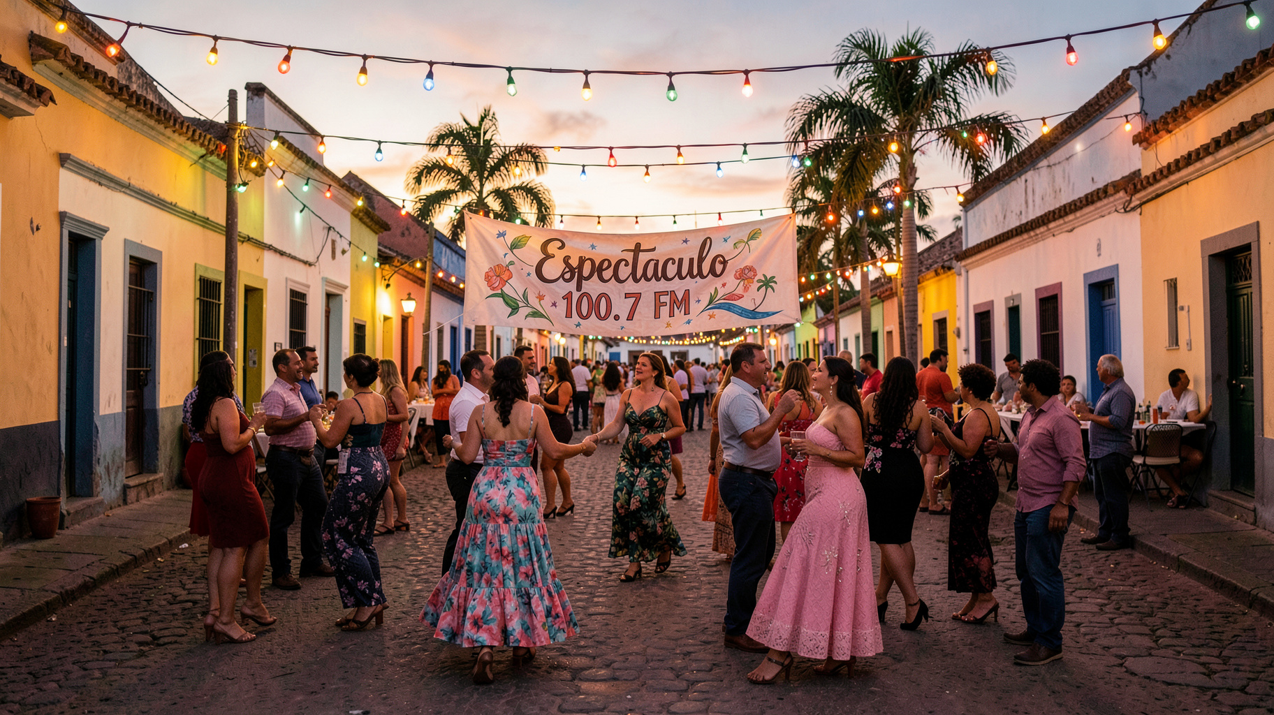 A vibrant outdoor street party at dusk in a Venezuelan llanos town with dancers under string lights and a banner reading Espectaculo 100.7 FM