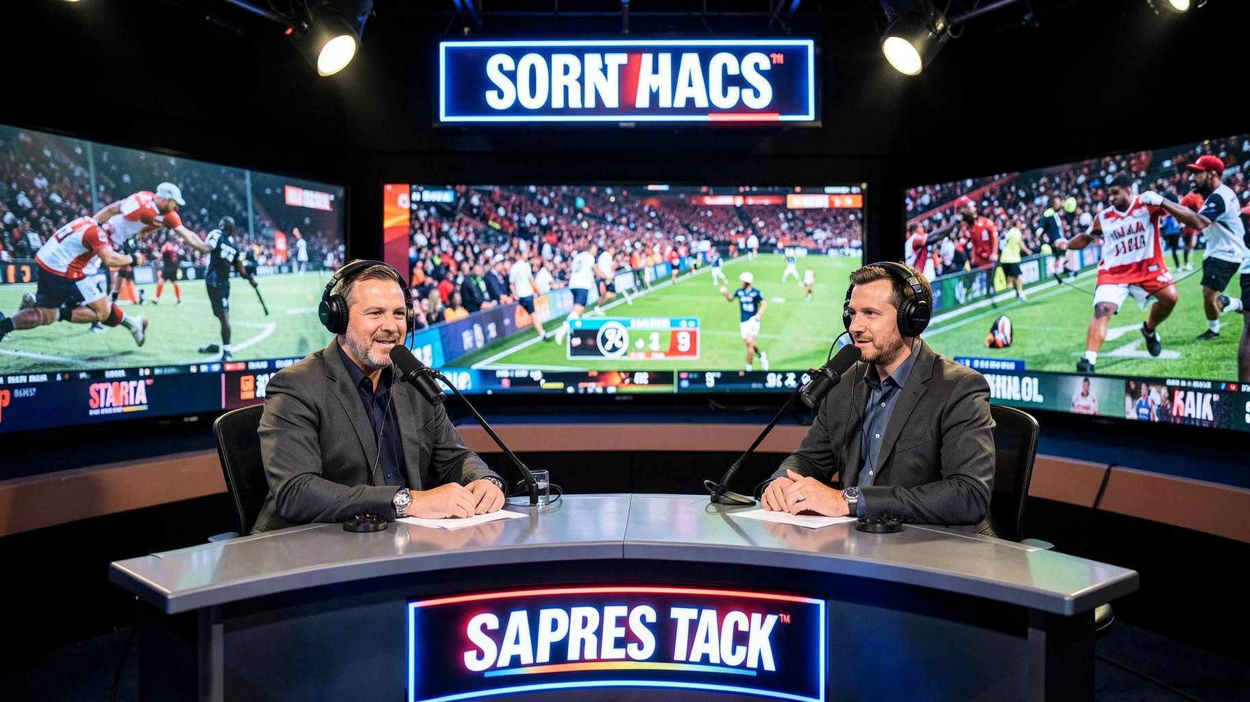 A high-energy sports talk radio studio with hosts at a broadcast desk and live game highlights on screen
