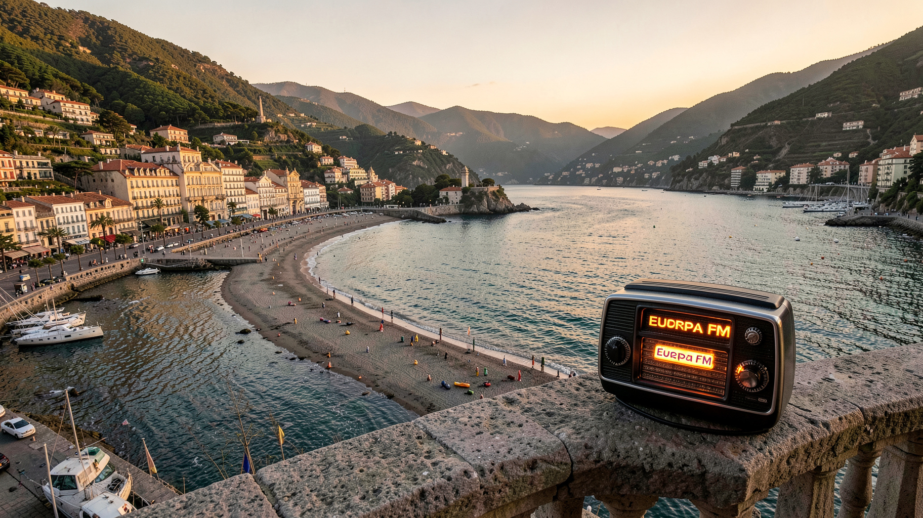 The curved La Concha bay in San Sebastian, Basque Country at golden hour with a vintage radio glowing in the foreground reading Europa FM