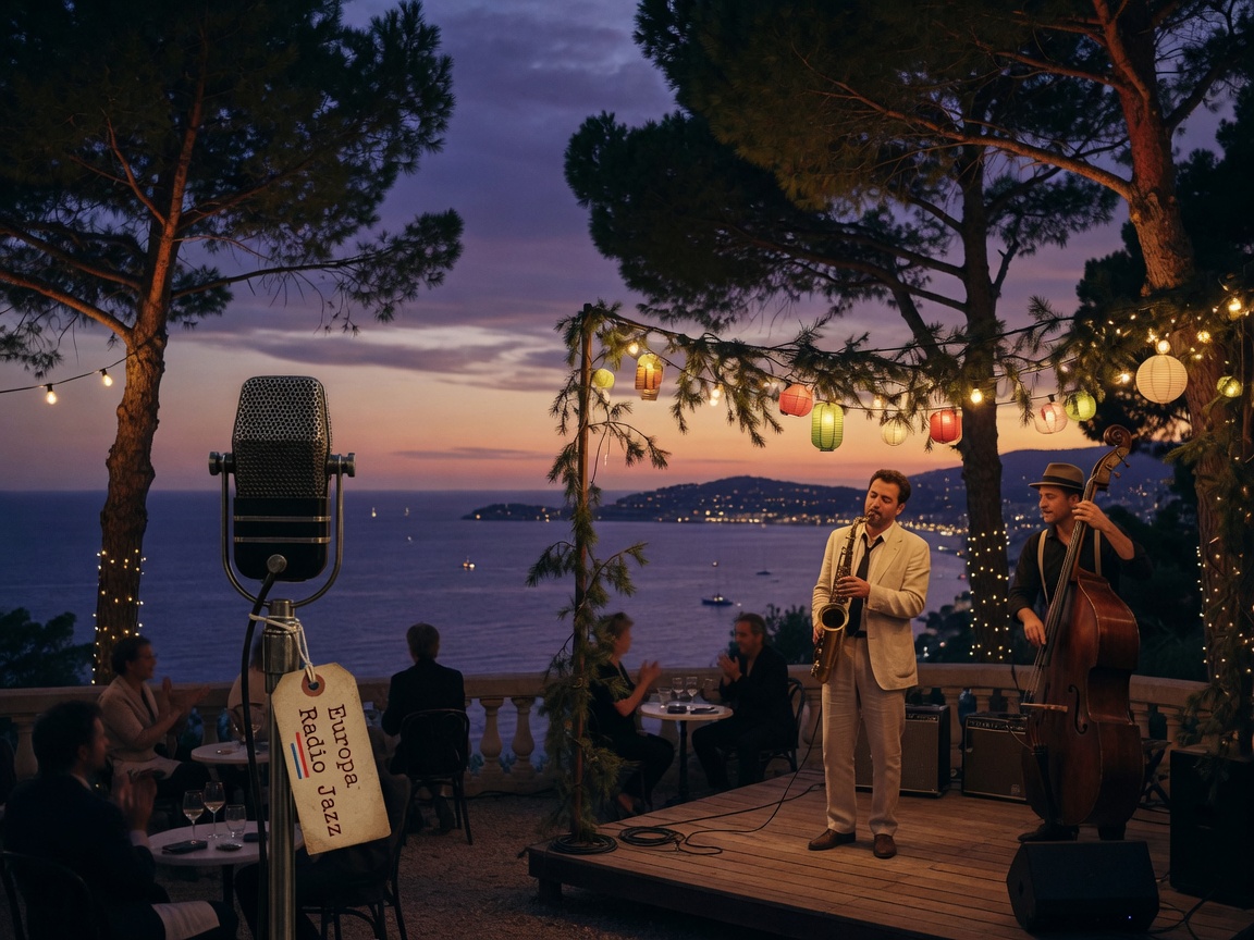 An outdoor jazz concert under pine trees at dusk on the French Riviera with a vintage microphone reading Europa Radio Jazz, inspired by Europa Radio Jazz
