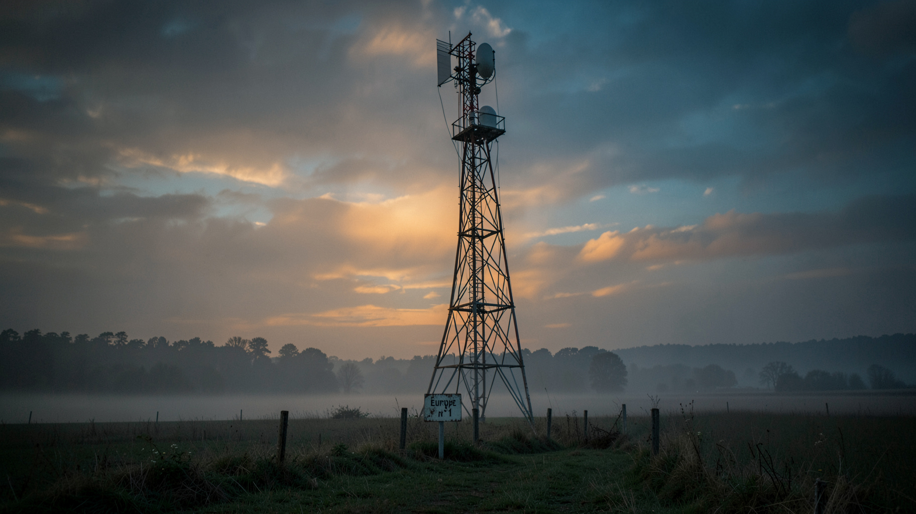 A vintage radio transmitter tower in a misty countryside field near the French-German border at dusk, a sign reading Europe n°1