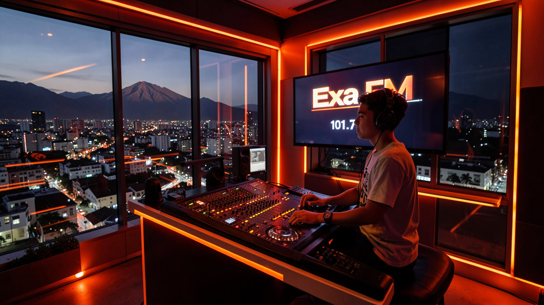 A modern radio DJ booth with orange neon lighting and a screen reading Exa FM 101.7 overlooking the Guatemala City skyline