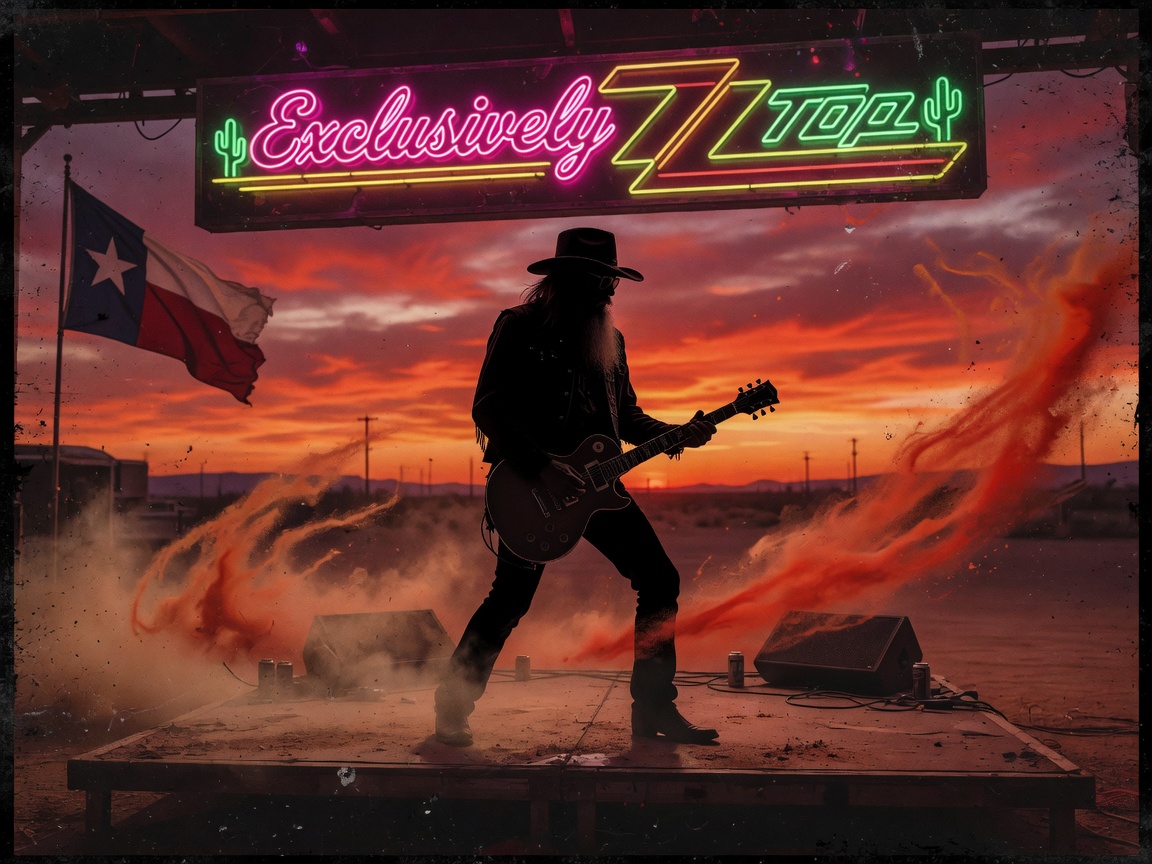 A silhouette of a bearded ZZ Top-style guitarist on a desert stage under neon lights spelling out the station name