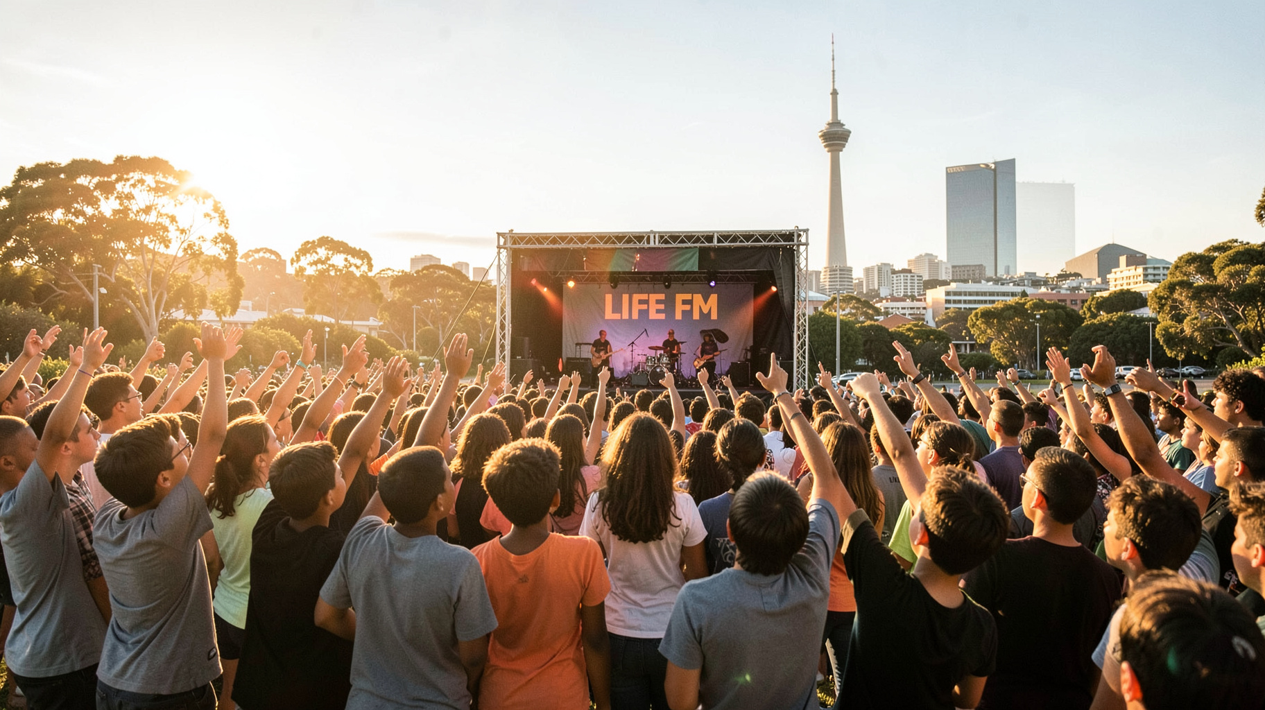 A sunlit outdoor Christian youth worship gathering with a Life FM stage banner and Auckland skyline in the background