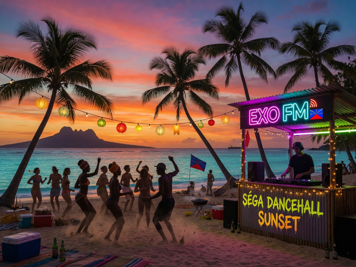 A vibrant tropical beach party at sunset on Réunion Island with dancers and a glowing Exo FM DJ booth sign