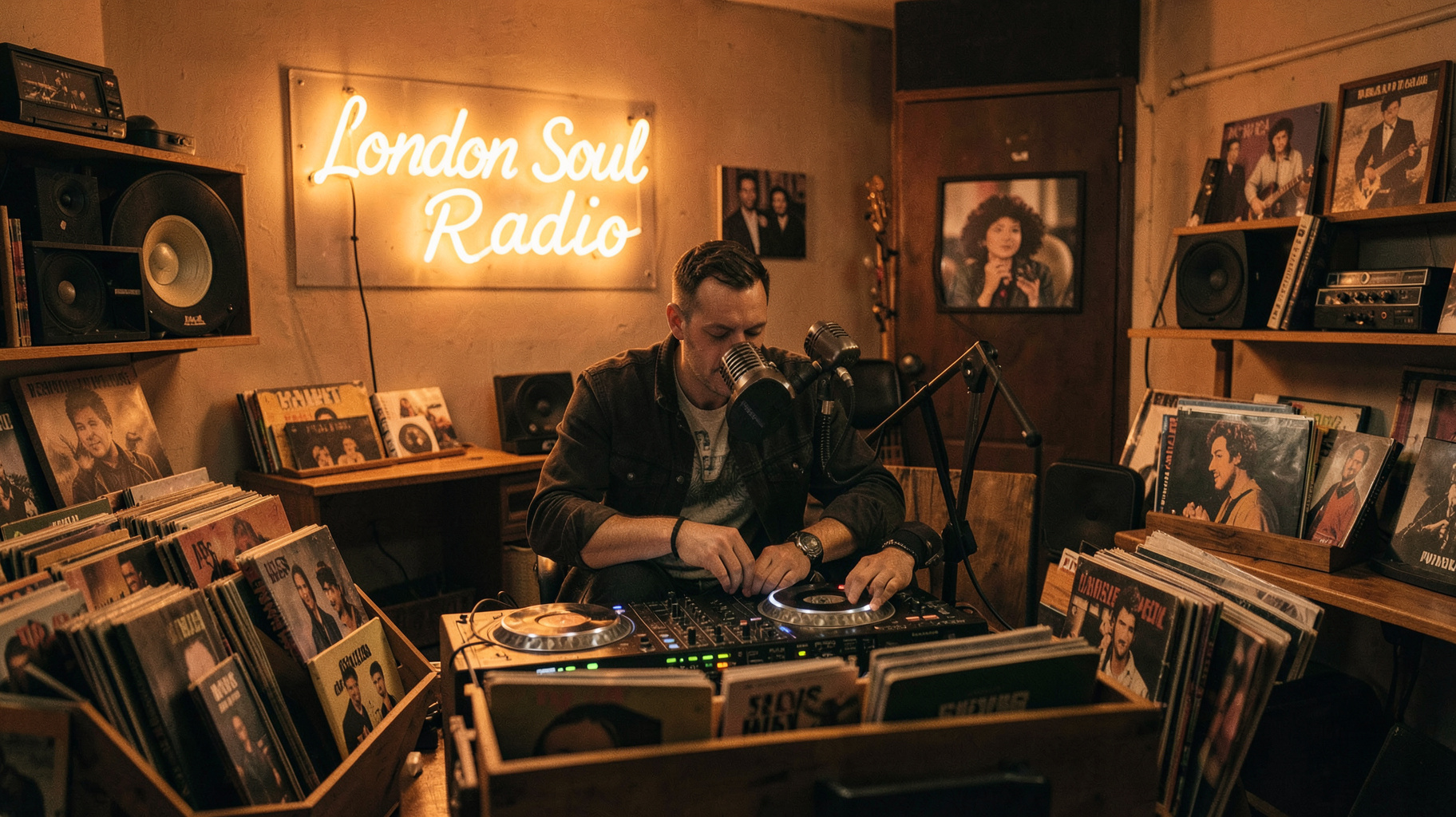 A warm soul music radio studio in London with a neon sign reading London Soul Radio