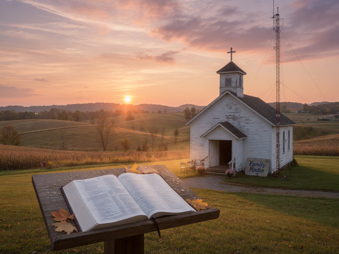 A peaceful sunrise over rolling Tennessee countryside with a rustic white chapel and small radio tower, a sign reading Family Radio near the entrance