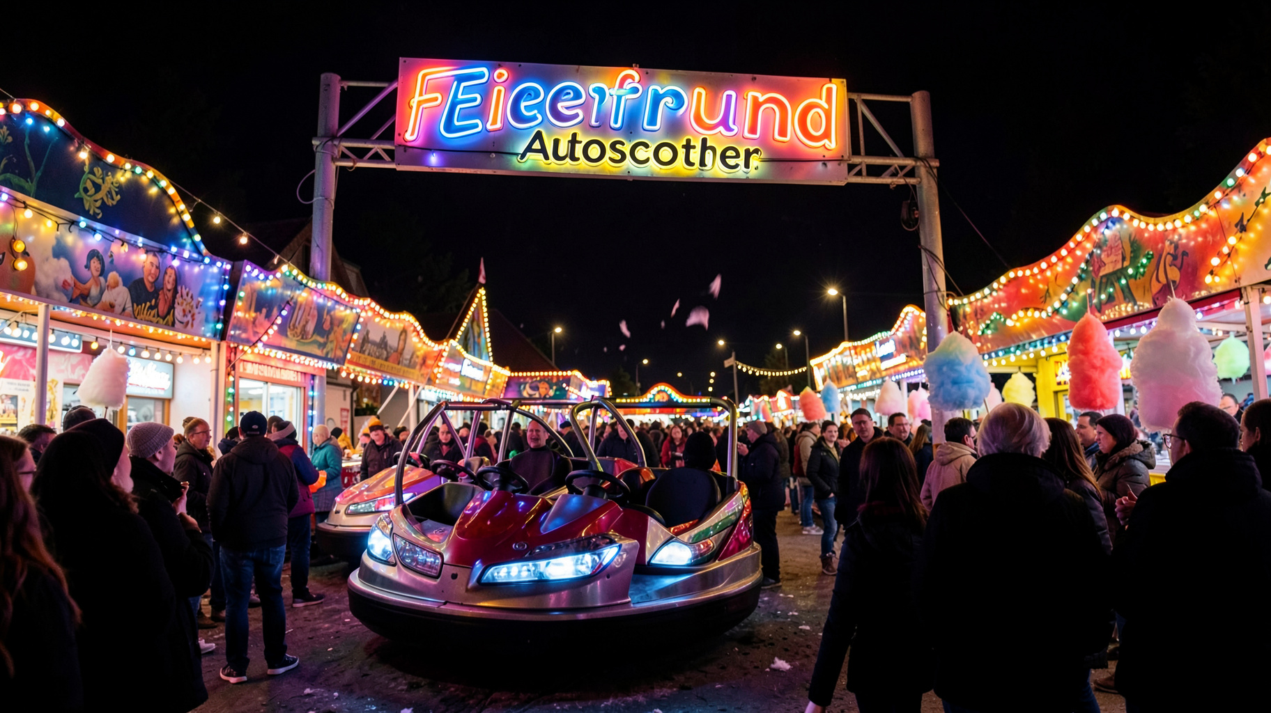 A German Kirmes fairground at night with a glowing bumper car ride and a sign reading Feierfreund Autoscooter