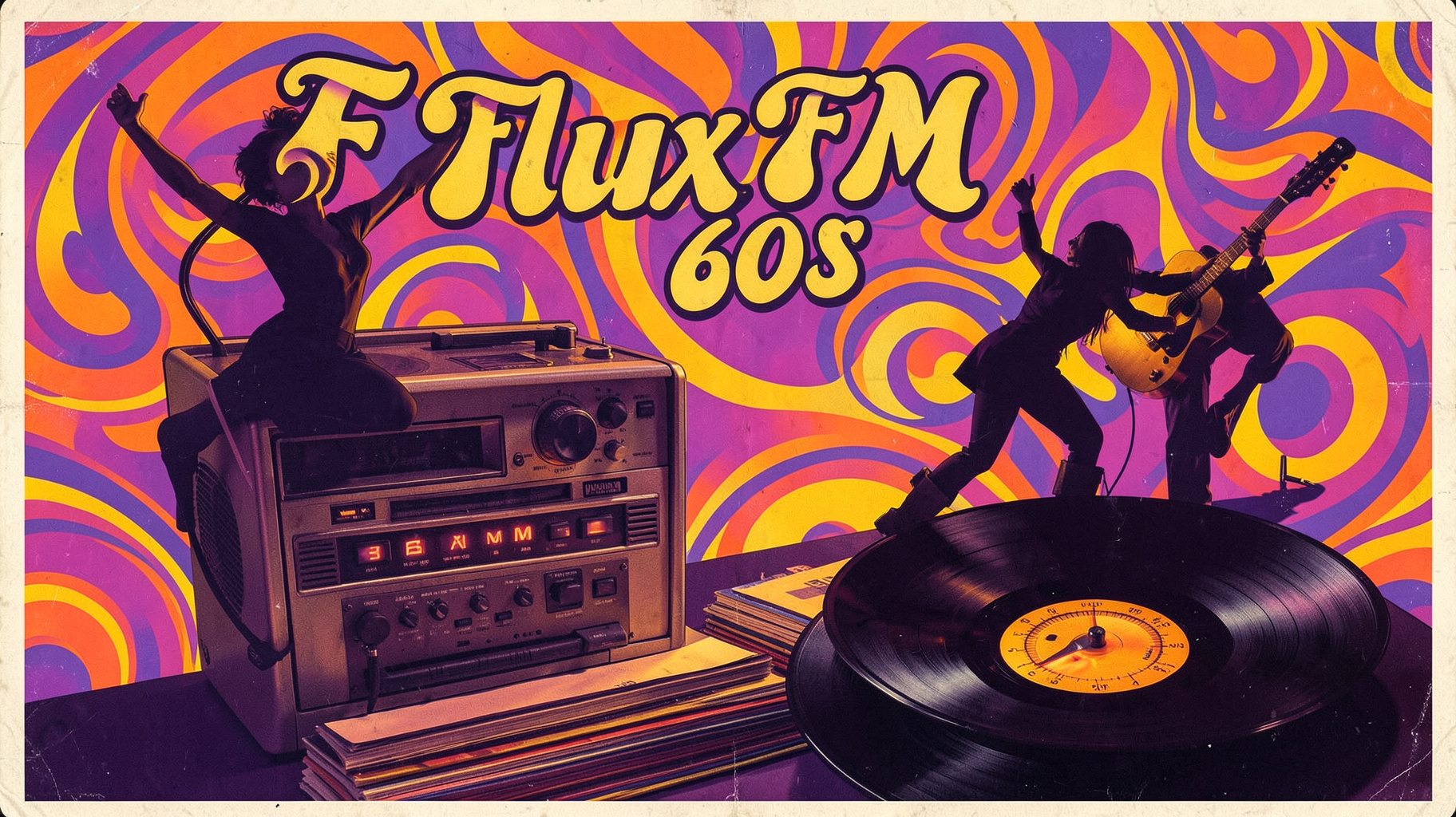 A psychedelic 1960s poster art scene with a glowing radio dial reading FluxFM 60s