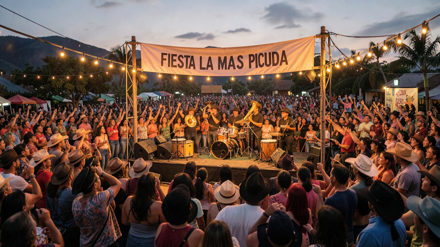 A lively regional Mexican banda concert crowd in Tepic Nayarit with a Fiesta La Mas Picuda banner above the stage