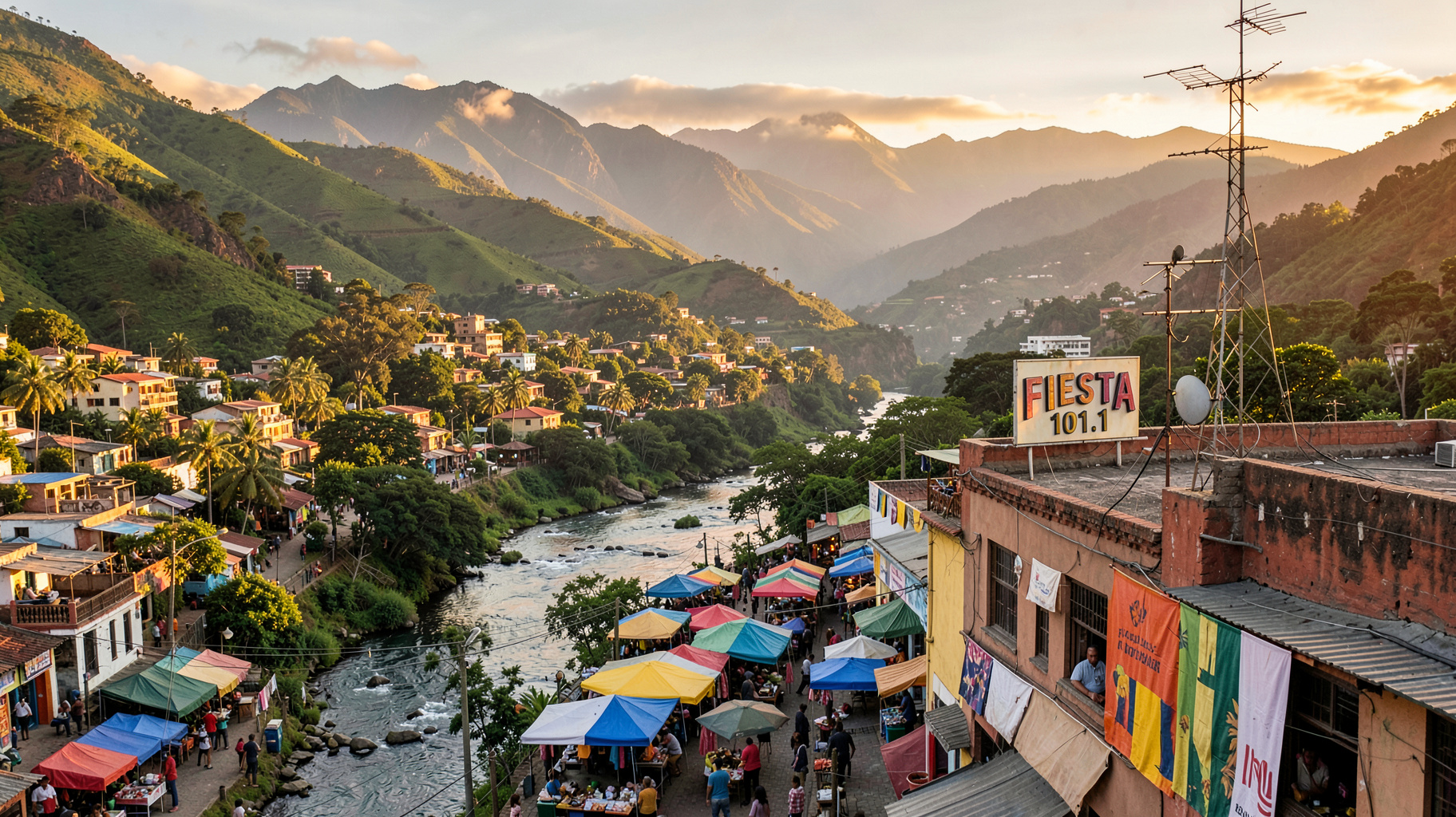 An Andean piedmont town at golden hour with the Chama River and a rooftop radio antenna reading FIESTA 101.1