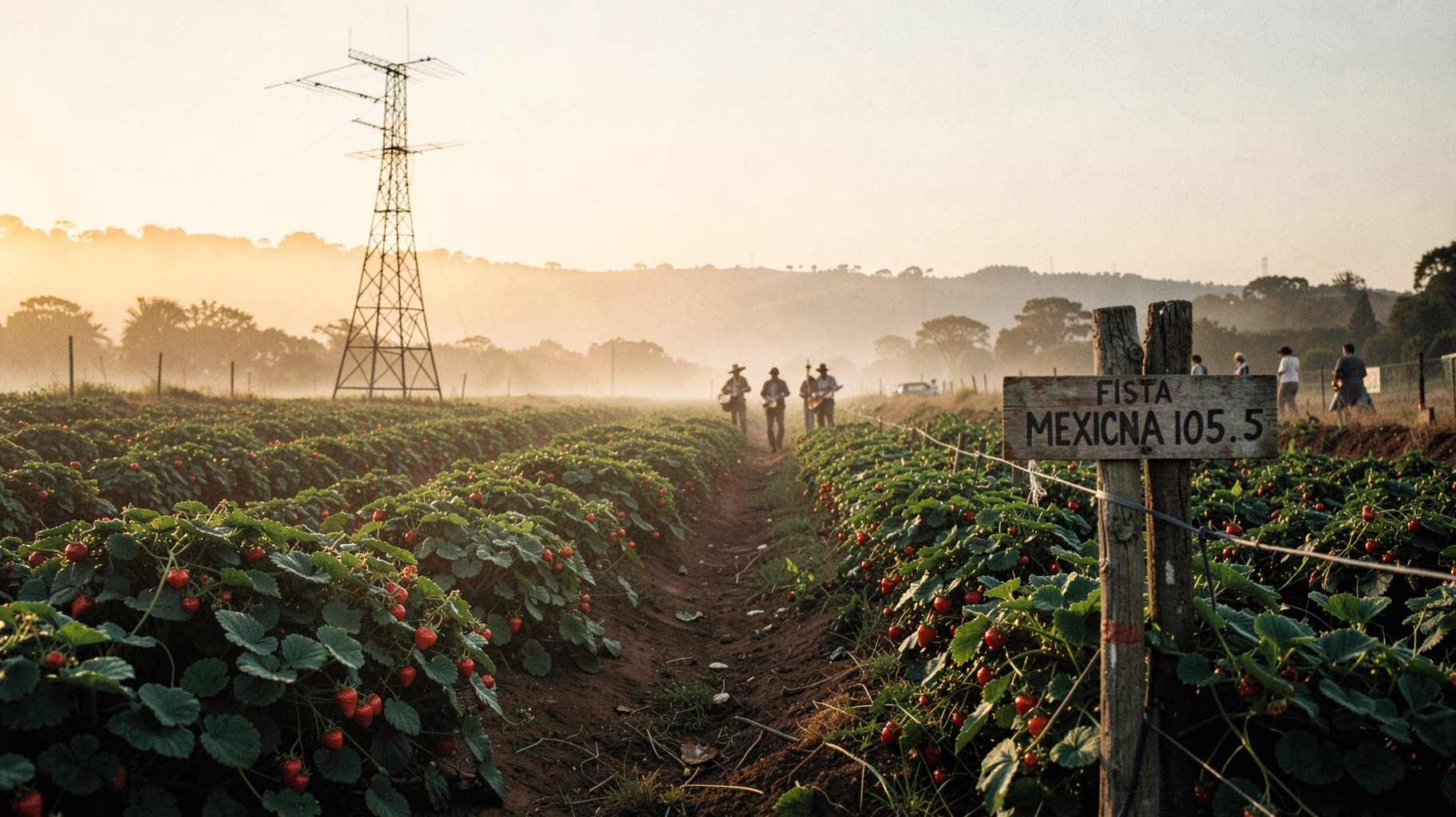 A strawberry field at sunrise near Irapuato with a radio antenna and a weathered sign reading Fiesta Mexicana 105.5