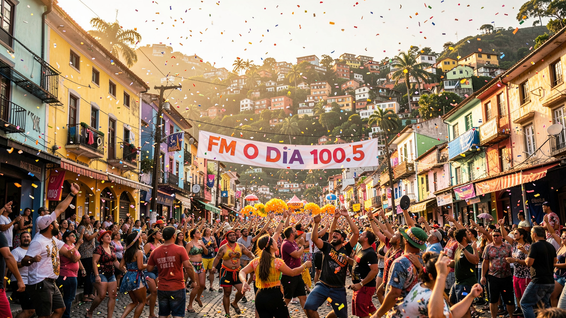 A vibrant Rio de Janeiro street carnival scene with a banner reading FM O Dia 100.5