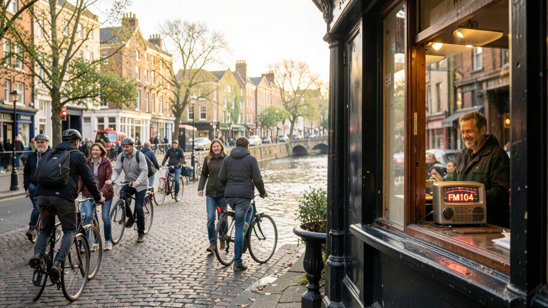 A lively Dublin morning street scene near the River Liffey with a cafe radio glowing
