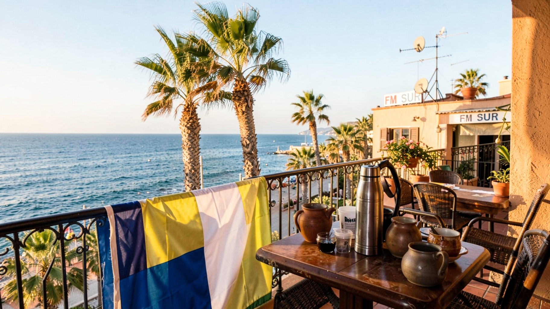 A sunny Costa del Sol terrace with an Argentine flag and a sign reading FM SUR