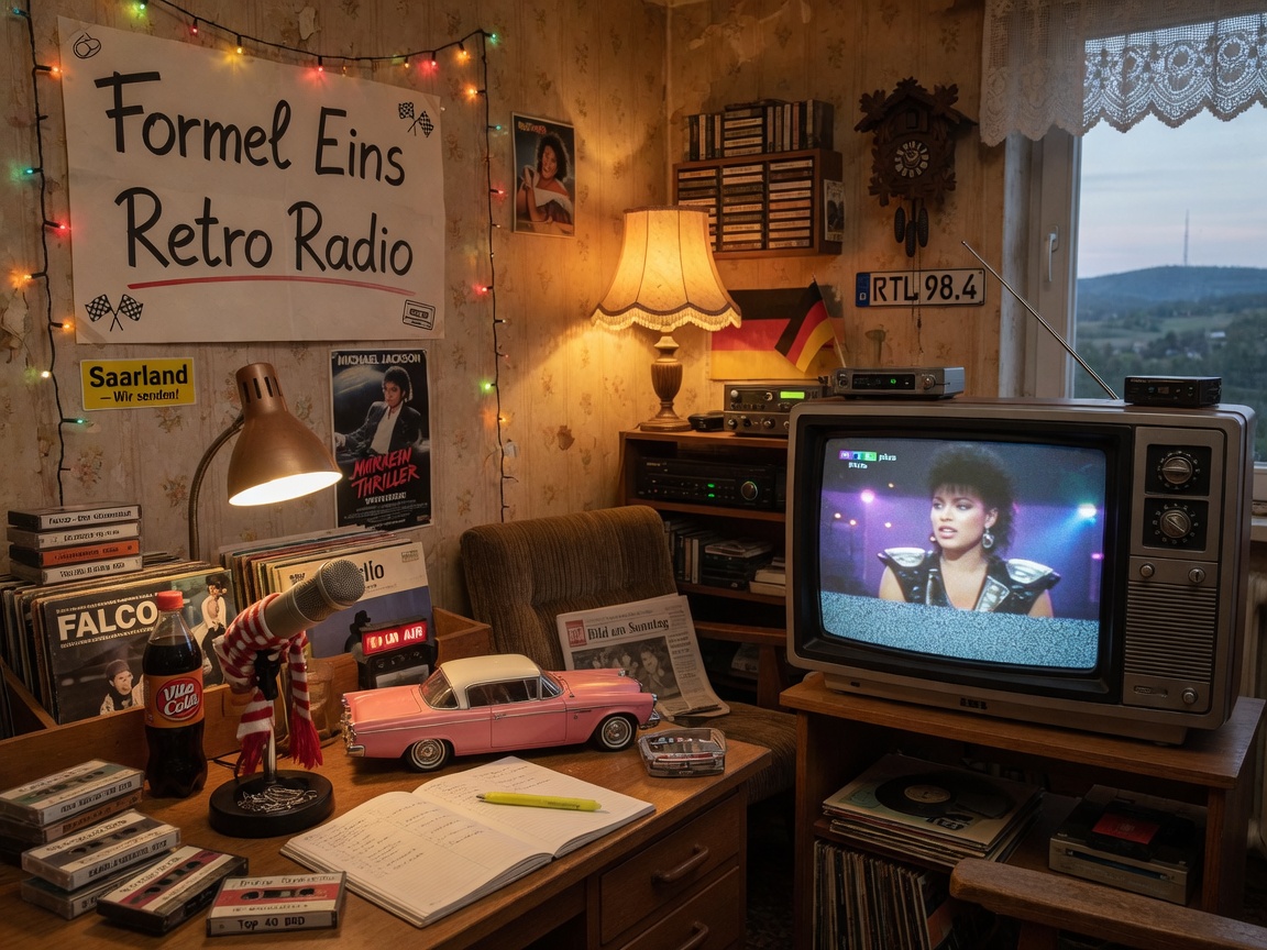 A cozy retro home radio studio with a vintage CRT television and a handmade Formel Eins Retro Radio sign